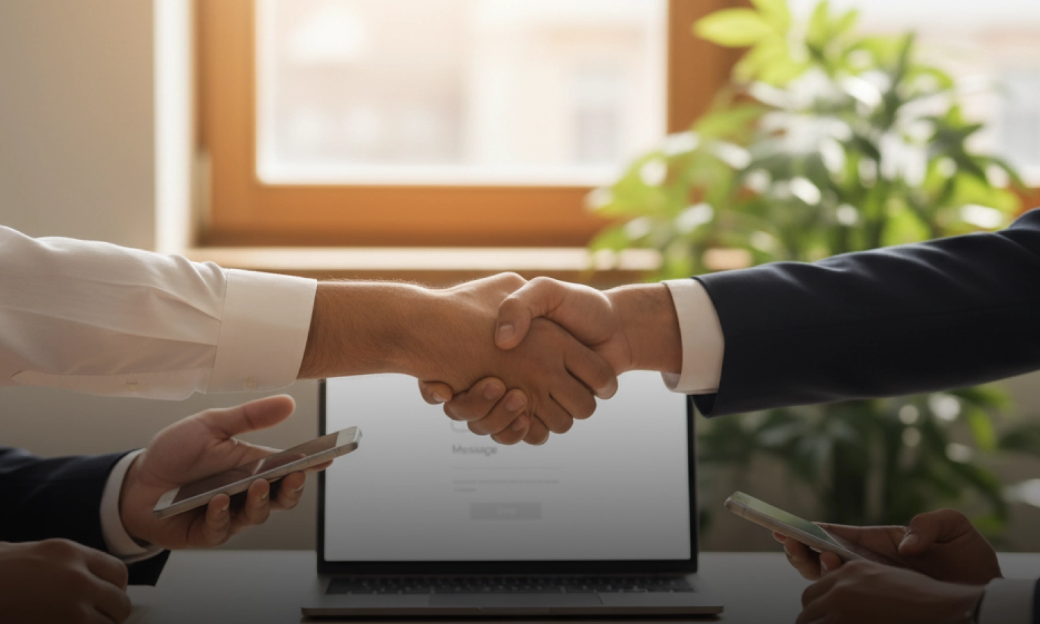Two business professionals shaking hands over a table during a meeting