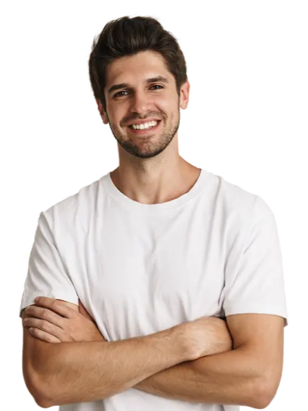 Smiling man in a white t-shirt standing with arms crossed