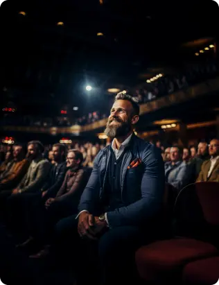 Bearded man in a suit smiling while seated in a theater audience