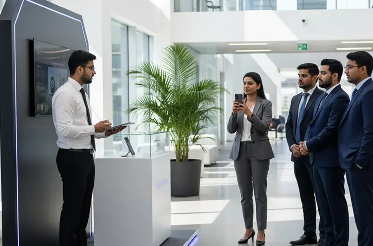 Brand activation setup with promotional staff engaging with a customer in a bright modern space