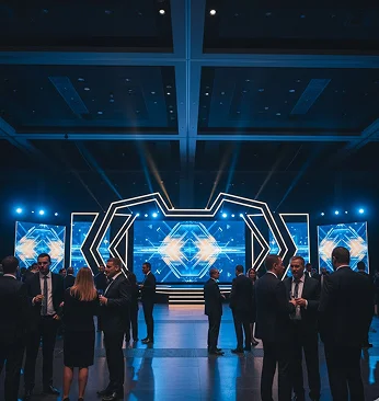 Futuristic digital stage design with neon blue lighting and geometric shapes for a corporate event