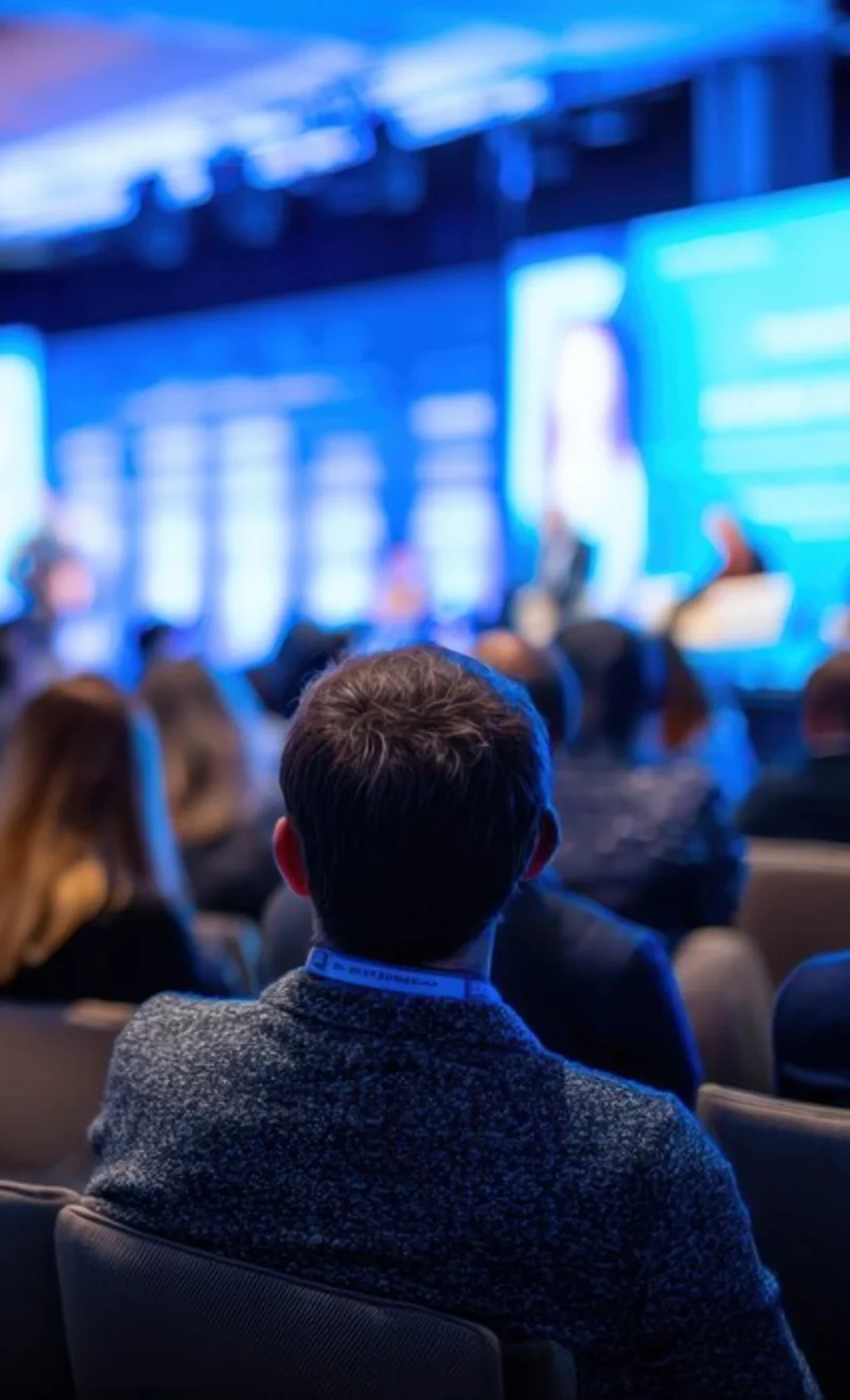 Audience member watching a presentation on a blue-lit stage from the crowd