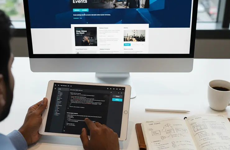 Desktop computer and tablet displaying coding interface and website layout designs